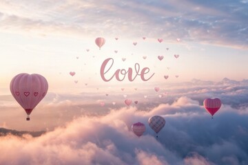 Heartfelt journey through fluffy clouds at sunset in romantic hot air balloons exploring the sky of love and dreams Generative AI