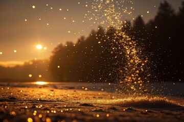 Golden sparkles dance in the sunlight near the water's edge during a serene sunset in a tranquil forest setting Generative AI