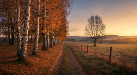 Naklejka premium Autumnal Birch Tree Avenue with a Countryside Path and Golden Light