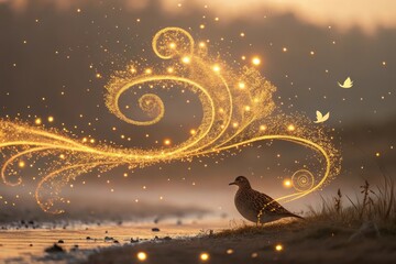 Golden swirls enveloping a serene bird by the waterside at dawn, creating a dreamlike atmosphere of nature's beauty Generative AI