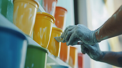 Hand in Glove Selecting Paint Bucket from Shelf