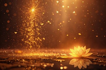 Golden lotus blooms in enchanting light as sparkling dust dances around at twilight by a serene water surface Generative AI