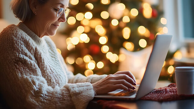 senior older retired woman grandmom working on laptop emailing her family member for the thanks giving and christmas plan