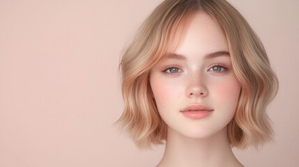 Portrait of young woman with light golden blonde bob haircut and soft waves, pastel background, glowing skin, minimal makeup, fresh and simple beauty concept

