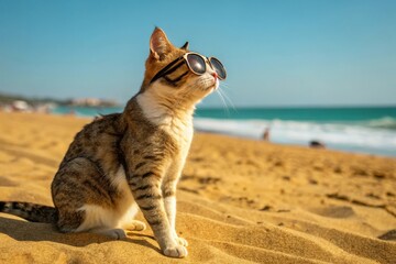 Sunglasses cat enjoying a sunny day on the beach with turquoise waves and golden sand in the warm afternoon light Generative AI