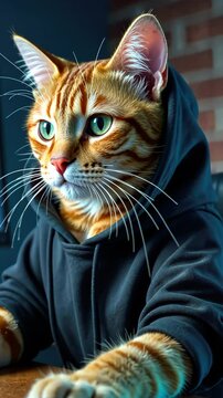 Ginger tabby cat wearing a dark hoodie is working on a computer, focused on programming code displayed on the monitor, in a room with a brick wall