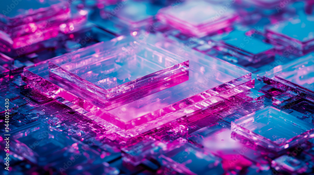 Poster luminous layers: a stack of crystal-like cubes in vibrant blue and magenta, glowing with subtle refl