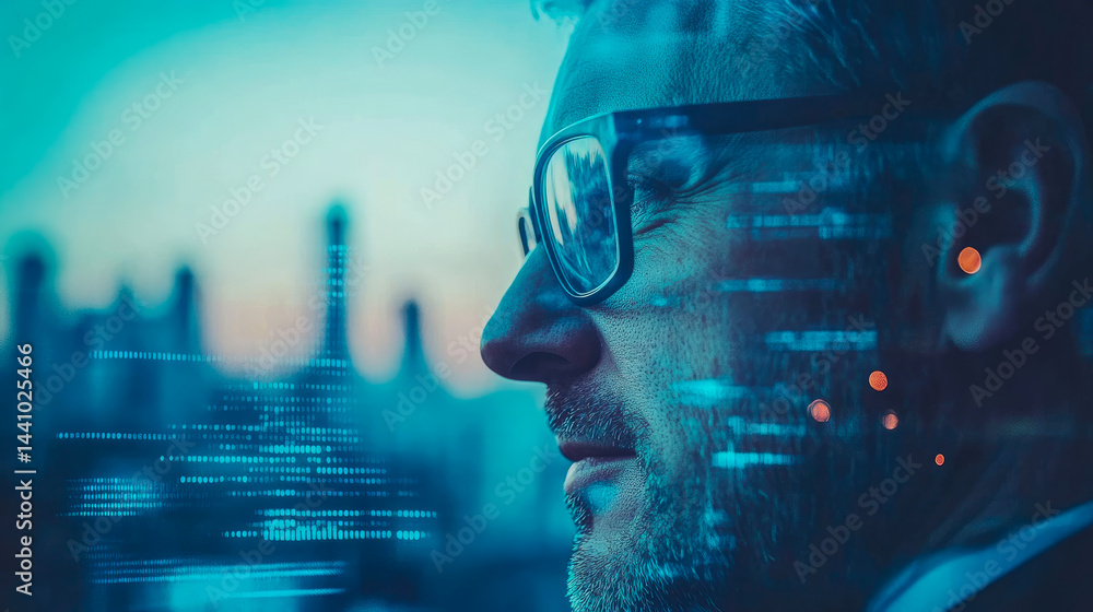 Aufkleber portrait of a man with binary code overlay, future tech concept, design for print, card, poster
