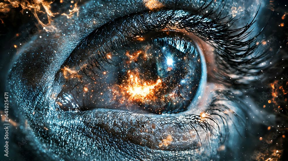 Poster this image shows an eye reflecting a nebula suggesting limitless perception or the universe within. 