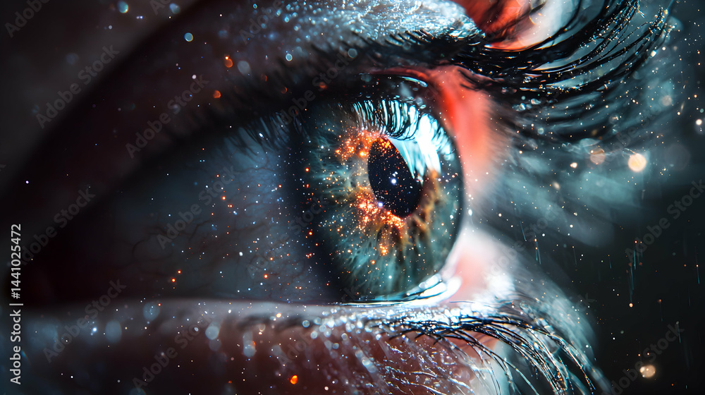 Poster a close-up of an eye featuring a cosmic design. ideal for fantasy art or science fiction concepts. u