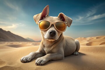 Charming puppy wearing sunglasses relaxes in the warm golden sands of a serene desert landscape at sunset Generative AI