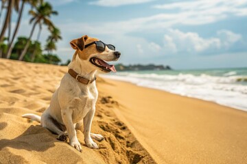 Playful dog wearing sunglasses enjoys a sunny day at the beach with waves crashing in the background and palm trees swaying gently Generative AI