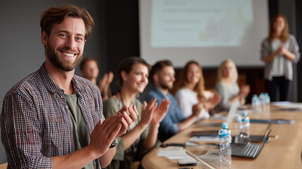 A positive moment of appreciation and acknowledgment after a successful corporate presentation.
