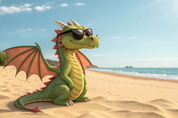 Relaxing dragon enjoys a sunny day on the serene beach, wearing cool sunglasses while soaking up the sun Generative AI