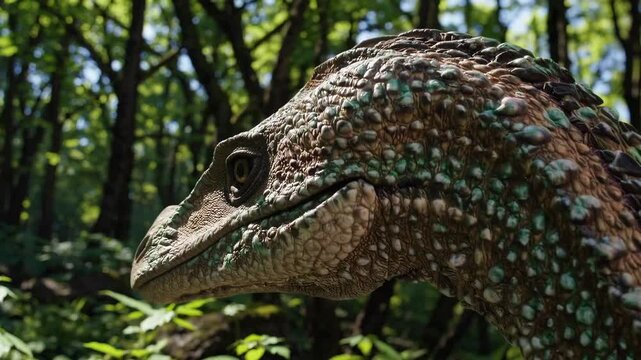 Curious dinosaur exploring lush forest canopy on a sunlit day