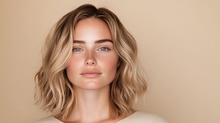 Studio portrait of woman with short warm blonde wavy bob hairstyle, glowing skin, natural makeup, minimal pastel background, modern beauty and haircare concept