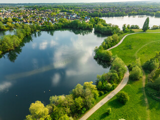 Aerial drone view of .Leybourne Lakes and housing estate, Aylesford, Kent, England