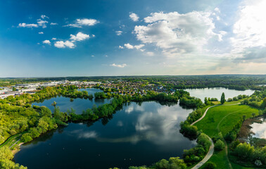 Aerial drone view of .Leybourne Lakes and housing estate, Aylesford, Kent, England