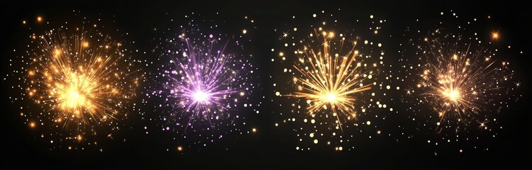 Fototapeta premium Yellow sparkling light effects highlight a modern realistic illustration of bright burning firework, welding fire, holiday party, birthday celebration, and festival firecracker, all set isolated on a