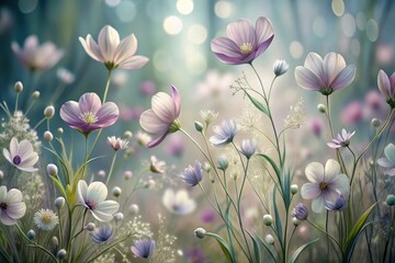 Delicate blossoms dance in the soft glow of morning light, creating a serene atmosphere in a magical garden setting Generative AI