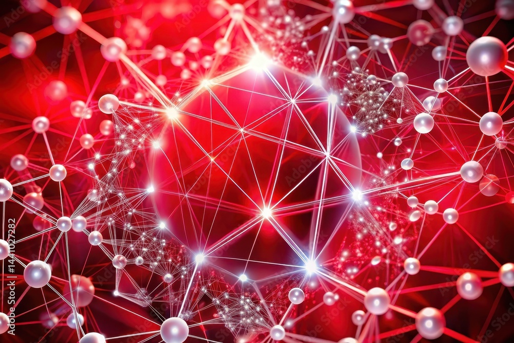 Poster intricate web of connected nodes glows in vibrant red hues, embodying the energy of digital networks