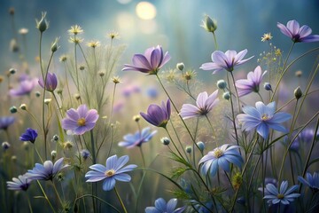 Blooming wildflowers create a beautiful tapestry in a serene meadow during the golden hour of a late summer evening Generative AI