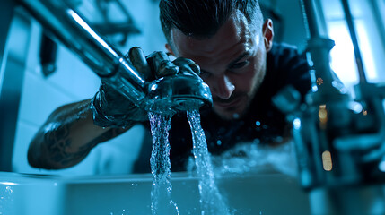 Man Adjusting Water Faucet in Bathroom