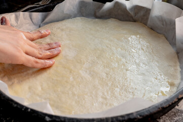 Close-up scene of female hands applying white sauce to dough on kitchen countertop. Making homemade pizza with three types of cheese - female hands in action.
