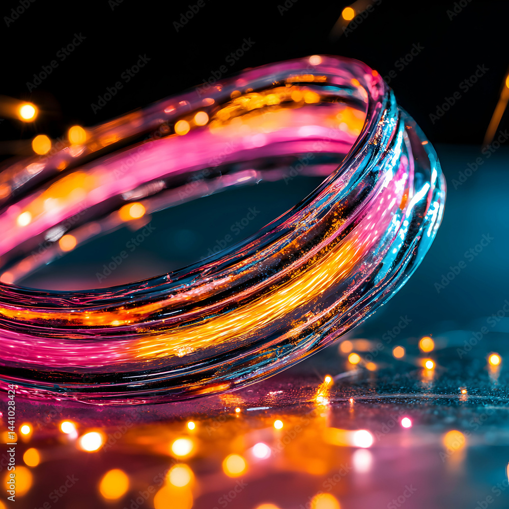 Poster a glowing iridescent loop swirls with vibrant pink and orange hues. suggests futuristic technology o