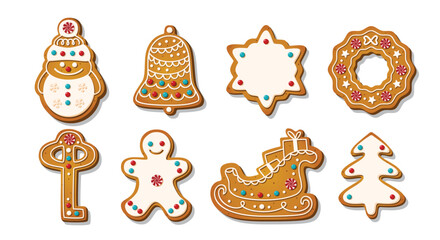 Christmas Gingerbread cookies for celebrating xmas. Winter homemade cakes in festive shapes isolated on white background. Cute childish cartoon vector illustration