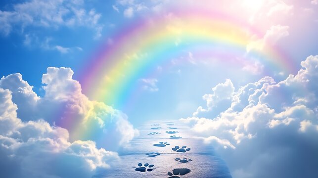Beautiful rainbow bridge connecting the sky with paw prints across a cloud-filled path in the picture