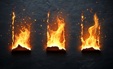 A modern realistic illustration features burning paper edge frames set isolated on transparent background, depicting fire damaging an ancient document, a smoldering letter, and a destroyed antique