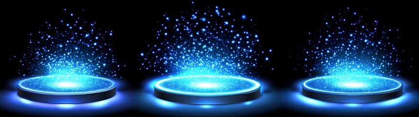 Obraz premium Circular bases support futuristic hologram platforms that emit blue glowing neon lights, with particles sparkling and rising upward, often paired with sci-fi display pedestals that utilize beams and