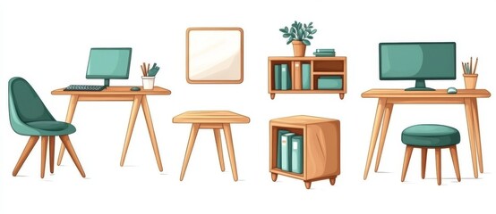 Modern office interior elements, including workspace furniture like boss chairs, desks, computer monitors, and cabinet storage, are used to create a professional setup of an executive room workplace