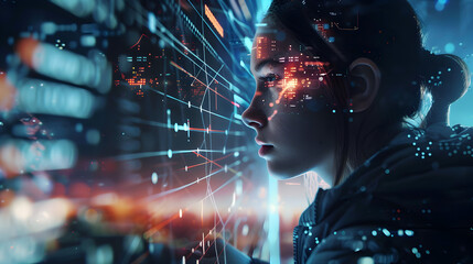 A woman's profile view immersed in digital data streams and futuristic technology interface display
