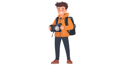 A cheerful traveler with a camera and backpack ready for adventure