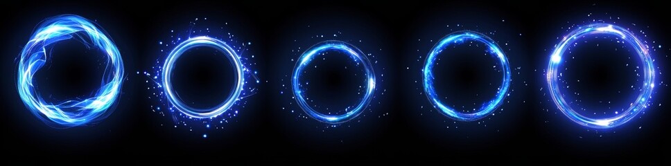 Obraz premium A futuristic space teleport is depicted in a modern realistic illustration, featuring round platforms, a protective dome, a hologram portal, and bright energy sparkles, isolated on a black background