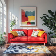 eclectic interior, minimalist living room, modern decor, colour home, soft shadows, eclectic furniture, bright interior, sunlight through window, ai generation