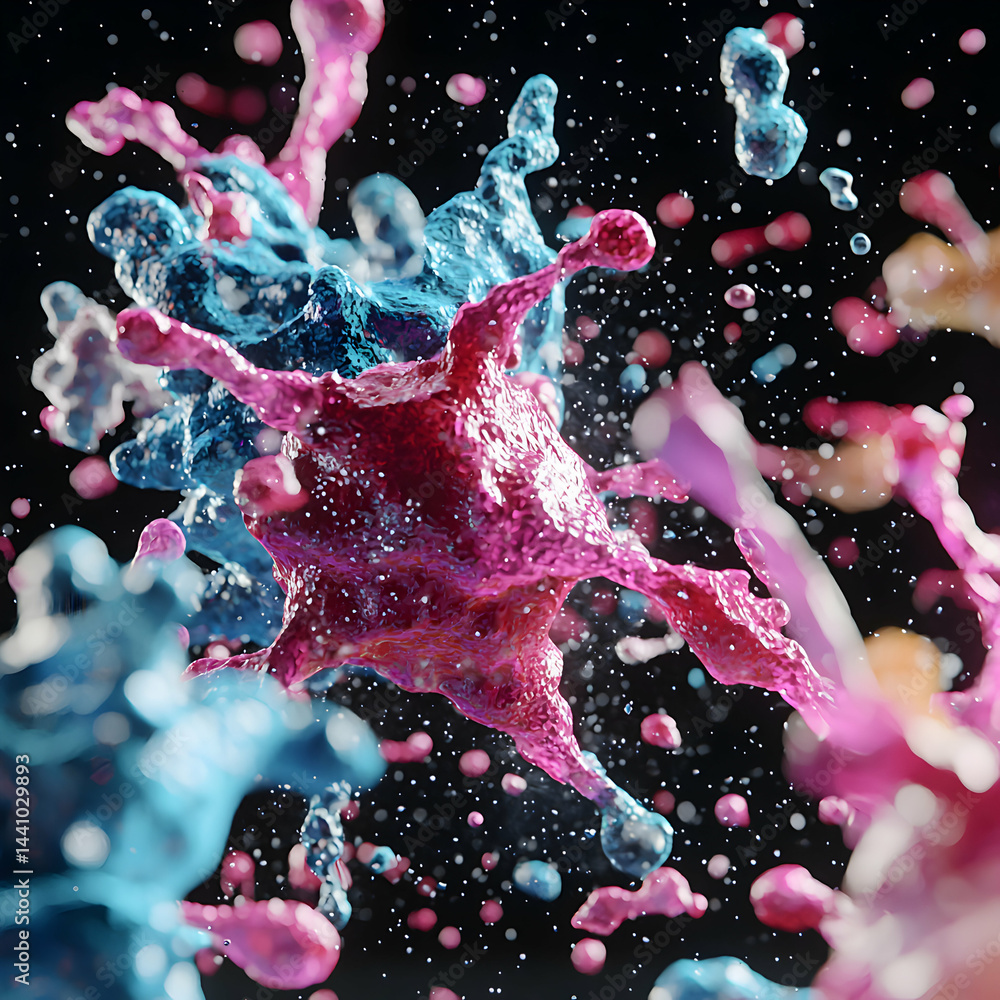 Poster abstract explosion of colorful fluid. great for scientific or artistic presentations. suitable for d