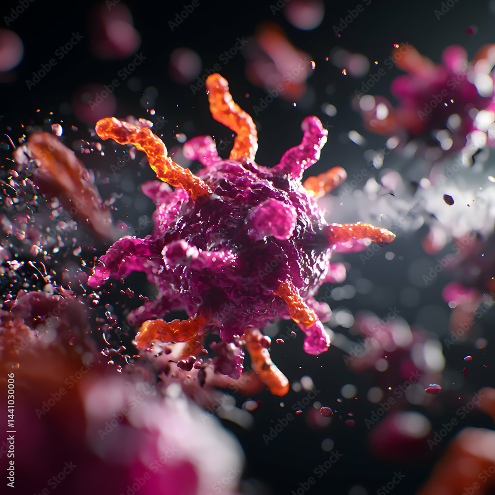 Poster detailed depiction of a virus cell likely in a microscopic view. suggests use for science textbooks 