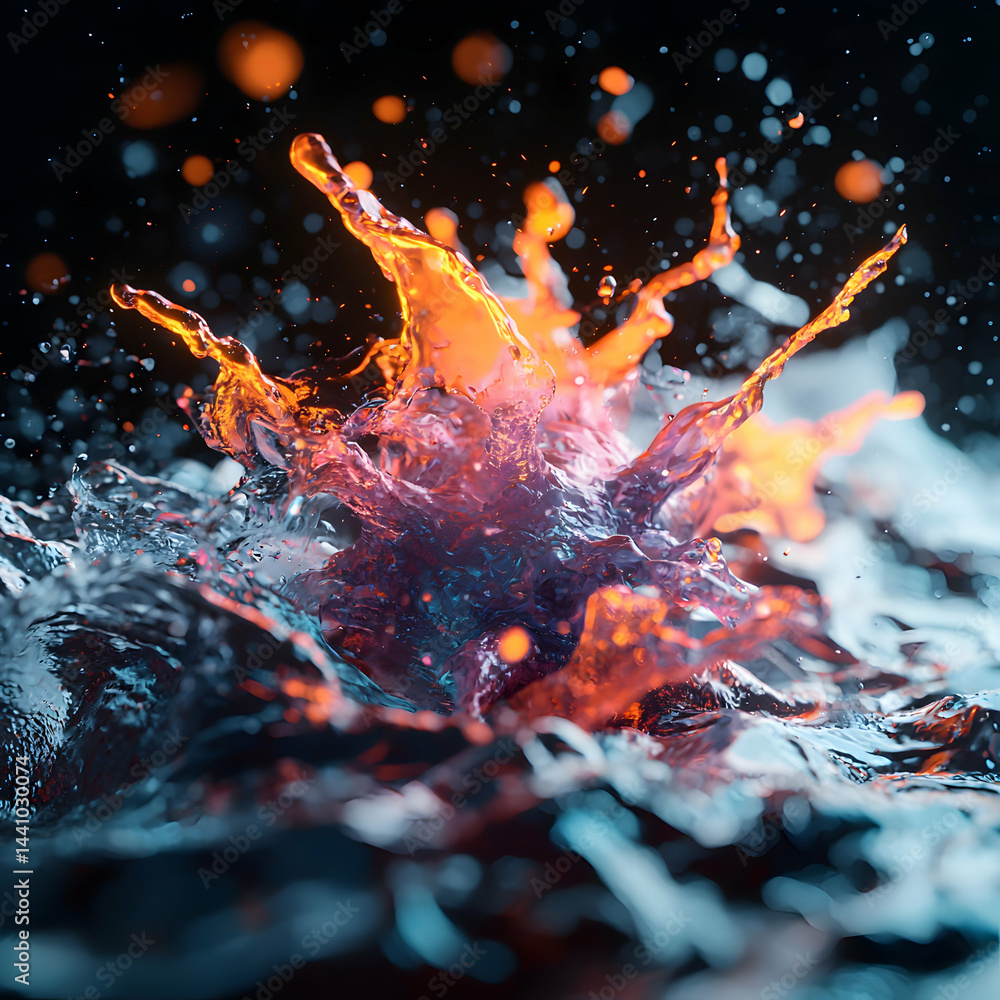 Poster a vibrant splash of water glowing with fiery hues creating an abstract artistic display perfect for 