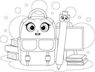 Printable coloring page with cute school backpack and pen