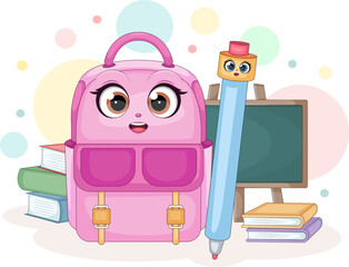 Cute school supplies cartoon backpack and pen vector