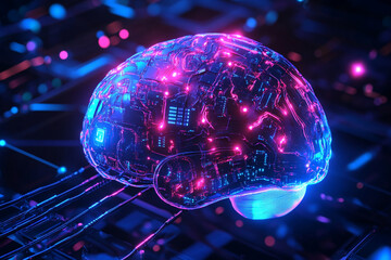 Neon brain with implanted microchips, connected to the AI network via cables