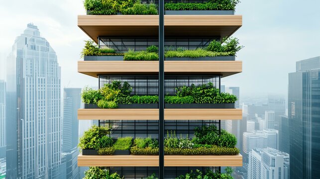 Corporate Green Action Strategies. A modern vertical garden design showcasing lush greenery on multiple levels of an innovative skyscraper.