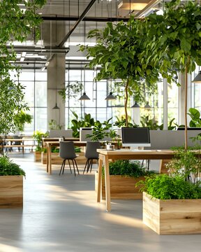 Corporate Green Action Strategies. A modern office space filled with greenery, featuring wooden furniture and bright natural light for a vibrant atmosphere.