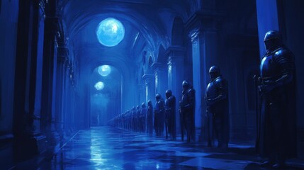 Fototapeta premium Ancient magical academy corridor with enchanted suits of armor, glowing faintly in the moonlight, anime style, nighttime