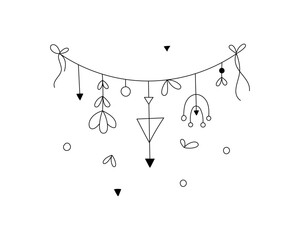 Linear hand drawn garland of triangle, leaves, flowers, geometric shapes on a string. For cards, coloring books