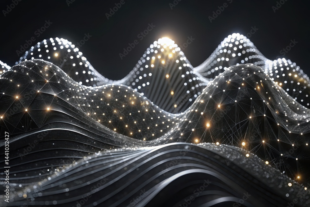Aufkleber digital waves of light undulate through a futuristic landscape, sparkling in the depths of a dark ab
