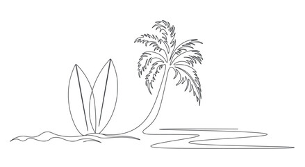 Seascape drawing with one single continuous line. Landscape tropical oasis with surfing board on beach. Surfboard standing on sandy beach. Sea with palm tree. Linear vector editable illustration.
